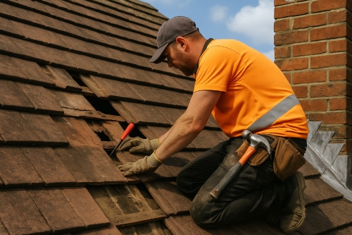 Roofer repairing roof tiles